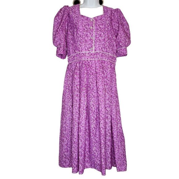 OOAK Vintage Cottagecore Pinup Dress Sz M Purple Floral Pleat Skirt Puff Sleeves - Picture 1 of 7